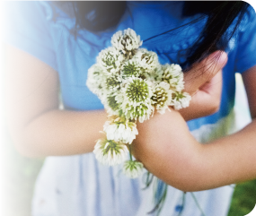 シロツメクサの花束を胸に抱えている女の子の画像